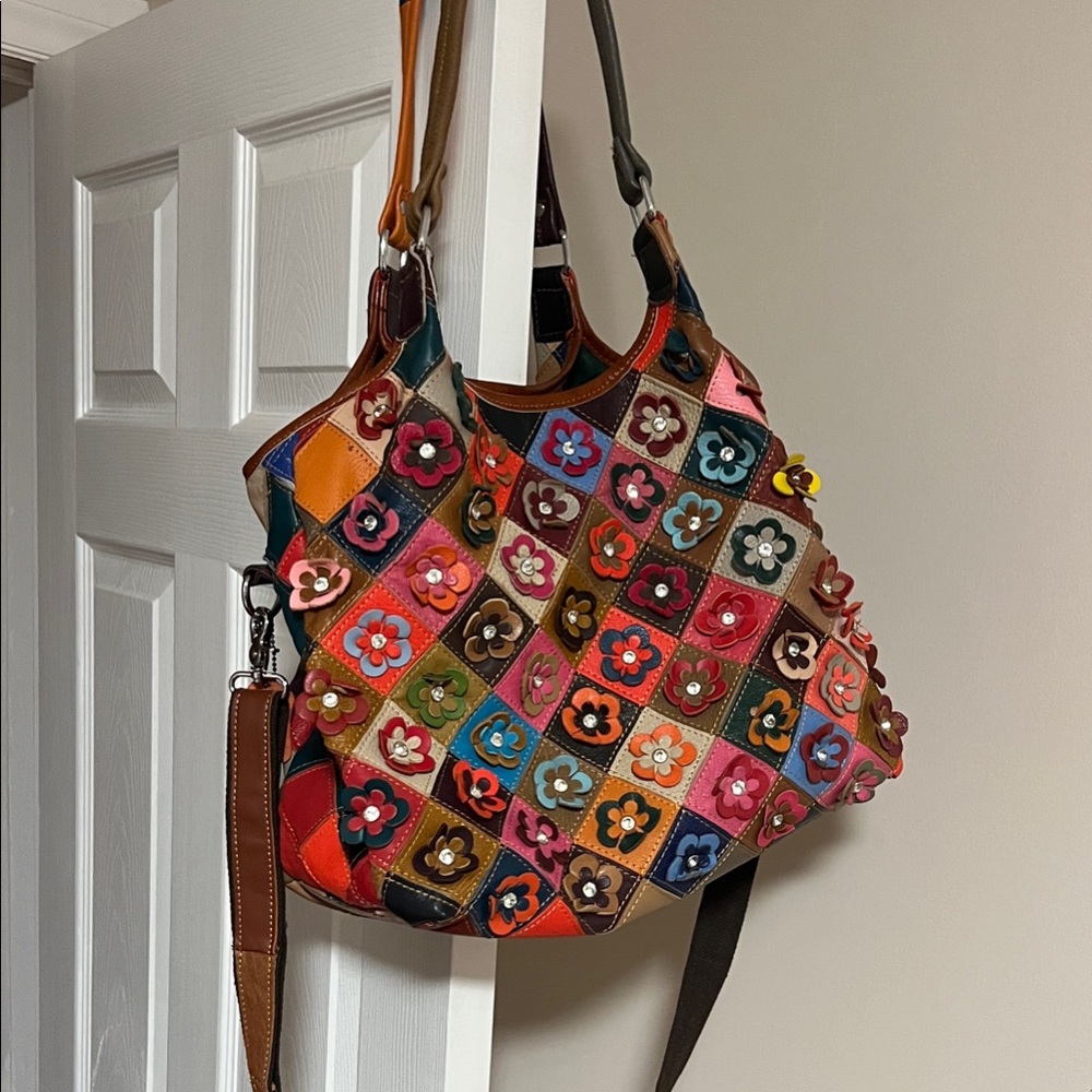 Large Leather Multicolour Appliqué Shoulder Bag